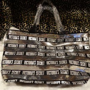 Victoria's Secret Tote Bag Sequin Weekender Black Silver Stripe & Wristlet NWT